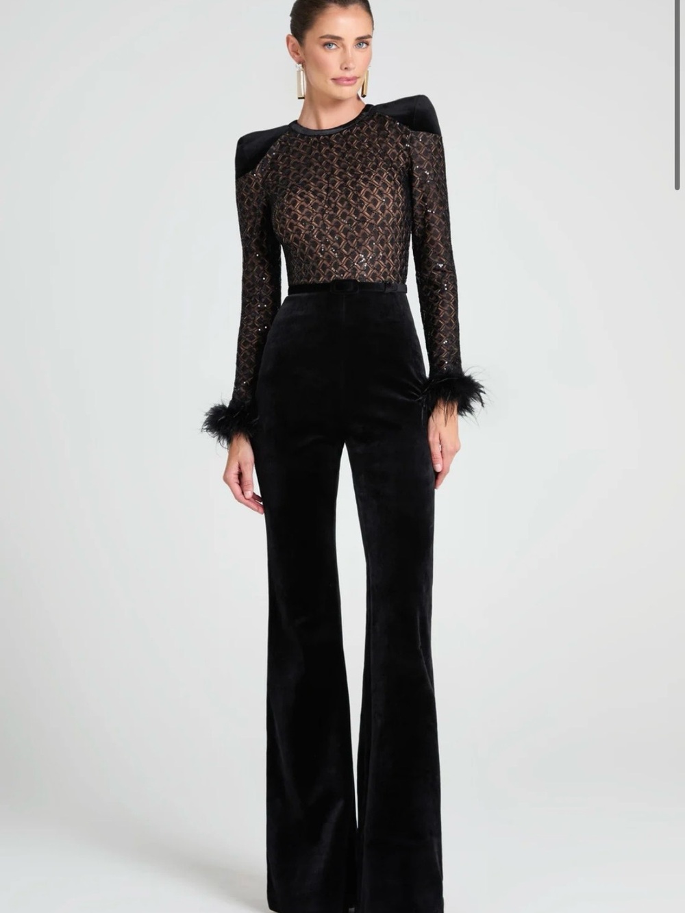 Nadine Merabi Monique Black Sequin & Velvet Jumpsuit - Size M - LIKE NEW